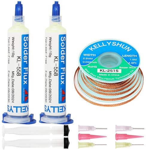 KELLYSHUN KL-558 Flussmittel Löten,10ML No-Clean Bleifreies Kolophonium Flussmittel(2 Stück)2.5MM/1.5M Entlötlitze(1 Stück) Geeignet Für Handy-Lötungen,BGA,Haushaltsgerätereparaturen