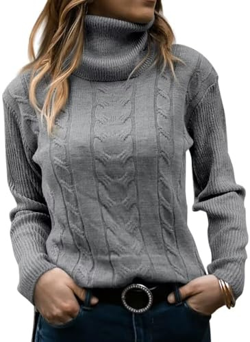 JOCAFIYE Pullover Damen Rollkragen Cable Knit Elegant Langarm Tops Lose Casual Weich 2026 Herbst Outfits Jumper Sweater Grey M