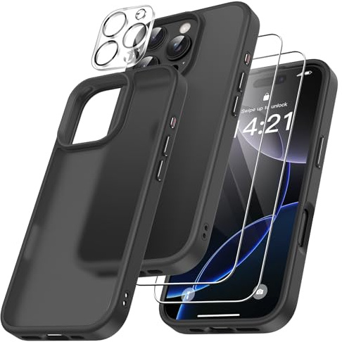 FLLAO 4 in 1 Cover per iPhone 16 Pro con 2 Pellicola Vetro Temperato e 1 Pellicola Protezione Fotocamera, [Protezione Antiurto Militare] Antishock Custodia per iPhone 16 Pro, Nero