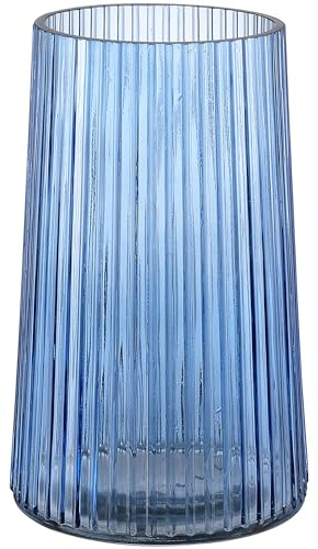 KAYLETIN Blaue Glasvase für Blumen, gerippte Vase, Blumenvasen für Strauß, moderne Glasvasen für Wohnzimmer, Schlafzimmer, Esstisch, Büro, Regal, 20CM