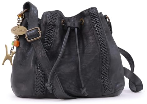 Catwalk Collection Handbags - Damen Leder Umhängetasche - Beuteltasche/Handtasche Mittelgroß - Verstellbarer Schultergurt - Francesca - Schwarz