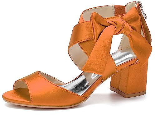 HFWXYSA Sandali da Sposa Tacco Largo Donna in Raso Punta Aperta Cinturino alla Caviglia Scarpe da Sposa da Festa,Arancia,40 EU