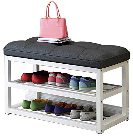 Schuhregal, mit gepolsterter Sitzfläche, Schuhbank, Bettbank und Metall-E, Schuhschrank, für Eingangsbereich, Flur, Schlafzimmer, Wohnzimmer, Kunstleder-Schuhregal (80cm, 60cm)