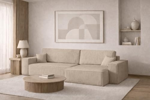Kaiser Möbel - Ecksofa mit Schlaffunktion und Bettkasten, Schlafsofa mit Bettzeugbehälter, Wohnlandschaft L-Form, Klappsofa, Cord Stoff, Bequemes Couch für Wohnzimmer, Best XL, Dunkelbeige, Rechts