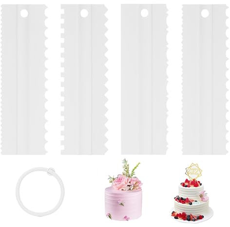 4 Pcs Plastic Cake Scraper Set,Cake Edge Scraper Cutter,Plastic Scraper,Striped Scraper Cake Decorating Comb Kitchen Cake Decorating Tools for Cake Cream Baking (White)