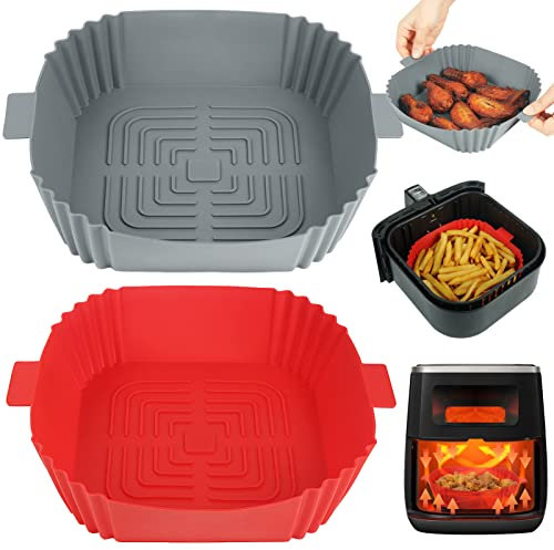 cake collarAir Fryer Silicone Liner, 2 Pack 8 Inch Air Fryer Silicone Pot Square, Silicone Baking Basket/Tray, Air Fryer Accessories for COSORI, Ninja, Tower, Salter Air Fryer (Red)(Gray+red)