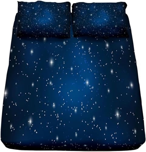 Stern Spannbettlaken 140x200cm Galaxy Blau Bettlaken 3D Erwachsener Spannbetttuch 140x200 Spannbetttücher Topper 30 cm höhe Weiche Mikrofaser mit 2 Kissenbezügen a.1953