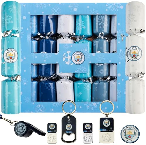 MANCHESTER CITY F.C. Luxury Christmas Crackers, Pack of 6 Deluxe Xmas Crackers with Man City Football Collectibles, Fun Novelty Christmas Party Gifts