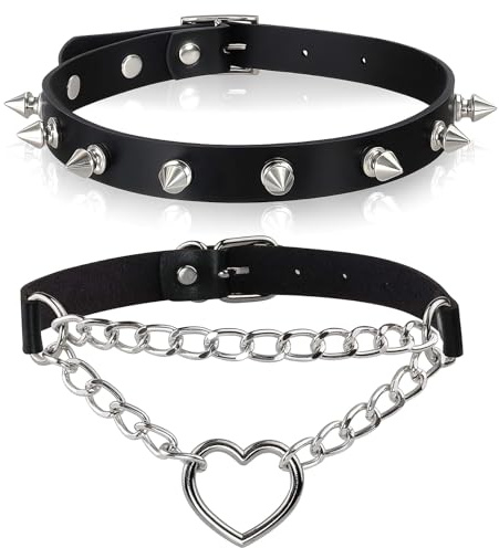 YIFLorine TANG Vintage gotisk punk choker, 2 stycken PU-läder choker hjärta läder justerbar punk läderhalsband gotiska nitar för kvinnor och män halloween anime festkläder tillbehör