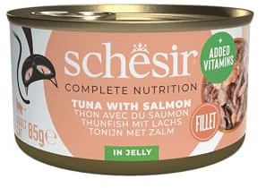 Schesir Atún con Salmón en Gelatina, Comida Húmeda para Gatos, en Latas, 100% Natural, con Vitaminas Añadidas, 12 x 85g