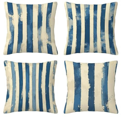 Outdoor Cushions Striped Cushion Covers 60cm x 60cm, Waterproof Linen Pillow Cases 4 Pack, Square Sofa Cushion Covers Retro, Outdoor Cushions Waterproof Pillow Case for Garden, Gifts for Women -5102