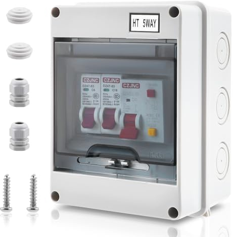 Sicherungskasten Aufputz, IP65 Wasserdicht, Verteilerkasten Aufputz, Kupferklemmenblock HT5, 40A RCD FI Schalter, 6A MCB Leitungsschutzschalter, Für Wohnwagen Garage