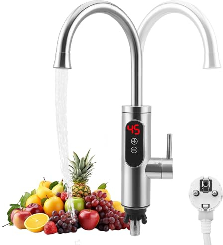 Elektrischer Wasserhahn Küche mit Durchlauferhitzer, 220V 3300W Küchenarmatur mit LED Temperaturanzeige und Touch-Temperaturregler, Wasserhahn Küche für Küche Garten Camping