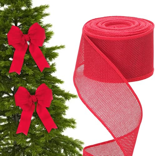 Geschenkband Weihnachten Breit, Juteband mit Draht Schleifenband Sackleinen Dekoband Schleifen Band zum Basteln, Weihnachtsbänder für Geschenk Weihnachtskranz Weihnachtsbaum Hochzeit 6CM*10M Rot
