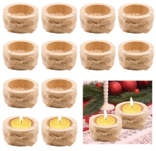 12 Pezzi Portacandele in Legno Naturale per Candele Votive 6x2.5cm, Portacandele Votivi Resistenti per Decorazione da Tavolo di Matrimonio, Natale, Compleanno e Feste