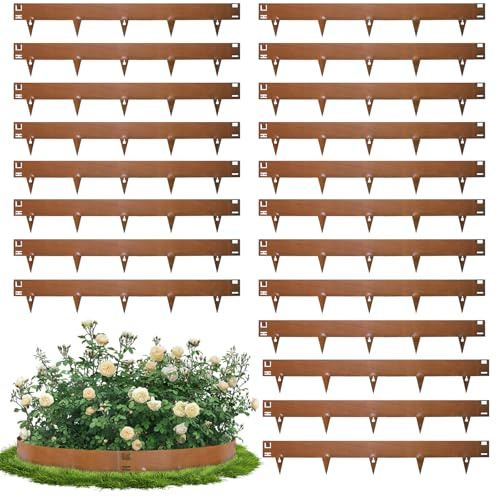 Worshow Lawn Edging Border, Garden Edging, 20Pcs Total 21.5m Corten Steel Edging, 20cm Height Flexible Metal Landscape Edging, Decorative Pathway Border Strips for Flower Bed, Grass, Path, No Digging