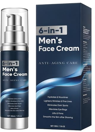 6 in 1 Face Cream for Men – Anti Aging Men’s Moisturizer with Collagen, Hyaluronic Acid and Shea Butter – Daily Skin Care – Reduce the Look of Eye Bags, Dark Circles and Puffiness – 1.76 fl oz (1)
