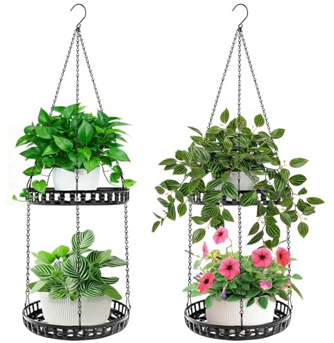 HENAYUK Blumenampel Hängend, Doppellagig Blumenampel Schwarz Metall Pflanzenaufhänger Blumentopf Hängend für Pflanzen, Hängekorb für Innen und Außen