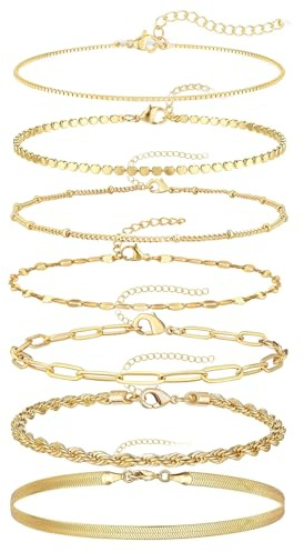 HTTDSLF 7 Pièces Lot de Bracelet Femme Or, Réglable Empilable Chaîne Bracelets, Style Cuban, Serpent Figaro Chaîne, Cadeaux d'anniversaire pour femmes Filles 16cm+5cm