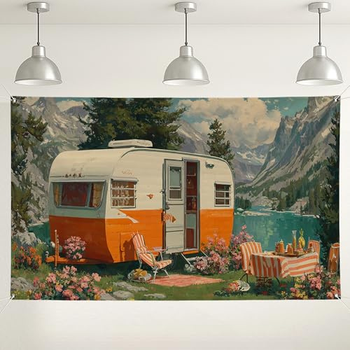 Toile de fond rétro pour caravane de camping, paysage extérieur vintage, décoration naturelle colorée pour fêtes, festivals et événements 180 x 109 cm