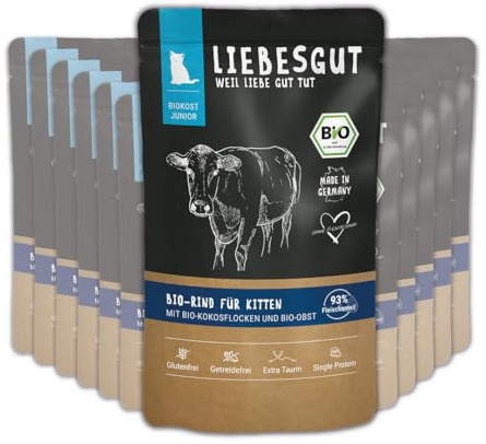 Liebesgut Nourriture bio pour chat au bœuf bio avec flocons de coco bio et fruits biologiques, extra viande, 12 x 100 g