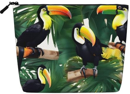DRTGEDS Toucans Parrot Palm Tree Leaves Daily Use Makeup Bag Fake Hemp Travel Toiletry Organizer Large Capacity Water Resistant