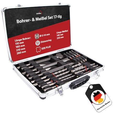 siwitec SDS Plus Bohrer- & Meißelset 17-teilig im Alu Case, 12 SDS PLUS Betonbohrer mit Distanzringen, 5 SDS Plus Meißel - Spitzmeißel, Breiteißel, Flachmeißel für Mauerwerk & Beton