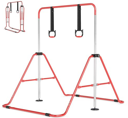 GYMAX Barre de Gymnastique avec Anneaux pour Enfants 3-12 Ans, Barre Réglable en Hauteur 93-105-117-132cm, Structure Triangulaire Stable, Cadre Pliable en Métal, Patins Antidérapants