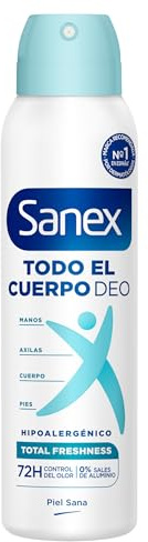 Sanex Deo Todo el Cuerpo, Spray Desodorante Frescor Total, 150ml | Spray antitranspirante 72h, Manos, axilas, cuerpo y pies, Hipoalergénico, 0% Aluminio, 0% Alcohol, Testado dermatológicamente