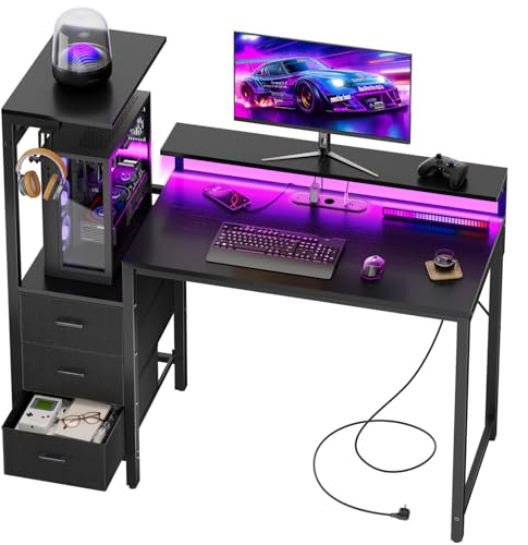 HLONONE Schreibtisch mit Schubladen, Gaming Tisch mit LED & 2 Steckdosen & 3 USB-Anschlüssen, Reversibel Computertisch mit Regal & Monitorständer, 112 x 50 cm PC Tisch mit Haken für Heimbüro, Schwarz