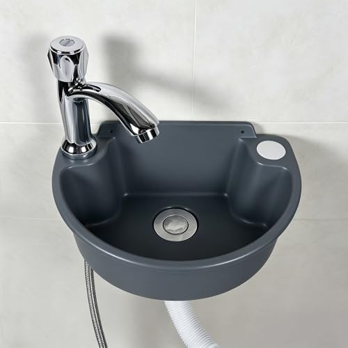 Small Bathroom Sink Wall Mount Sink Wash Basin 11.6 x 8.7 Inch with 1.26 inch Faucet Hole, Plastic RV Sink Mini for Home, Restaurant, Dorm, Garage, Bathroom, Laundry (Grey-with Faucet)