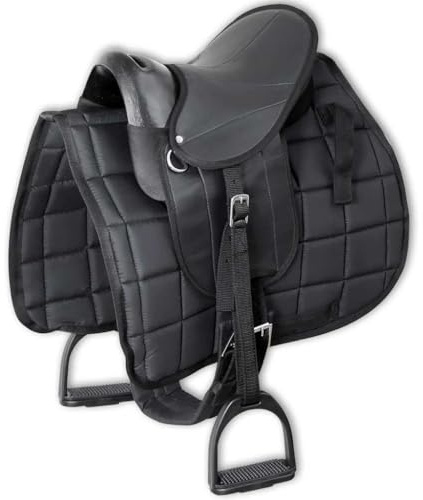 Runheo Juego de sillín para pony, 10 pulgadas, color negro, con cubierta de sillín, estribo, correa de sillín, asiento ergonómico para versatilidad, doma saltar, uso de volante, cómodo y seguro para