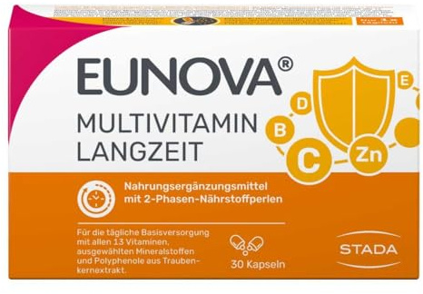 EUNOVA Langzeit: Multivitamin Tabletten mit allen 13 Vitamine, 60 Kapseln | Langzeittechnologie, Zeitversetzte Freisetzung, Vitamine, Mineralstoffe & Carotinoide, Gluten- & Laktosefrei, ab 12 Jahren