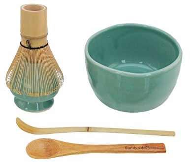 BambooMN Brand - Matcha Bowl Set (Includes Bowl, Rest,Tea Whisk, Chasaku, & Tea Spoon) 1 Set Green