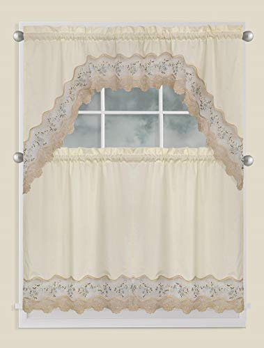Fancy Collection 3pc White with Embroidery Floral Kitchen/Cafe Curtain Tier and Valance Set 001092 (60 x 38, Beige/Green)