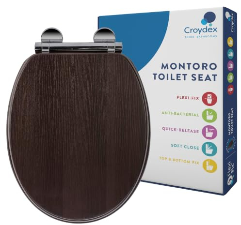 Croydex Walnut Wooden Toilet Seat Soft Close, Flexi-Fix Hinges (Montoro) | Quick Release Button for Easy Cleaning | Adjustable Hinges | Top and Bottom Fixings Included | Antibacterial Walnut Effect