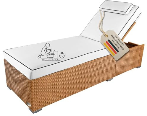 RS Trade Sonnenliege Gartenliege wetterfest extra hoch auch für Senioren – Polyrattan Outdoor mit Rollen, stabil & belastbar bis 200kg, XXL für Garten Terrasse Balkon, Natur Rattan, mit heller Auflage
