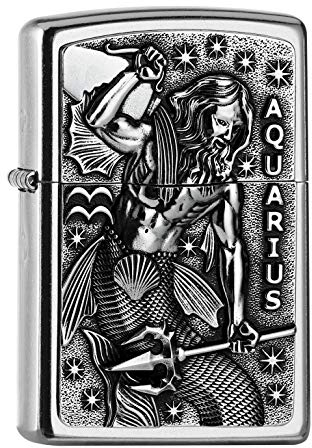 Zippo Briquet tempête – Zodiac Aquarius, Street Chrome, emblème – Rechargeable – Réutilisable – Design Coupe-Vent – Boîte Cadeau – Fabriqué aux États-Unis