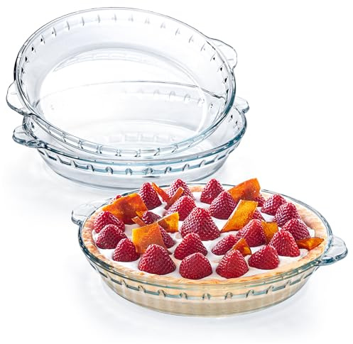 Kingrol 3 Pack Glass Pie Plates with Handles, 9 Inches Baking Dishes, Clear Glass Serving Plates for Snacks, Salads, Desserts
