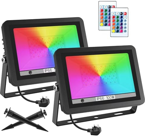 T-SUNUS LED RGBW Floodlight Outdoor 100W, Colour Changing Flood Light IP65 Waterproof, Memory Function, Security Light with Remote Control, 16 Colours & 4 Modes, Wall Light for Christmas Party(2 Pack)