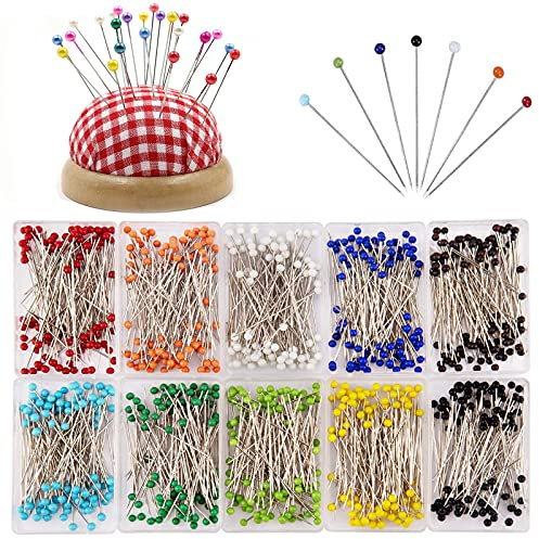 VEGCOO Glaskopfnadeln 1000 Stück, Buntkopf Stecknadeln, Perlen Nadeln, Edelstahl Glaskopfstecknadeln für Basteln, Nähen, Säumen, Craft, Jewelry Komponenten Dekoration
