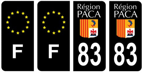 HADEXIA Nummernschild-Aufkleber, französisches Departement 83 Var Alte Region PACA, Schwarz, Farbe & F Frankreich, 4 Stück