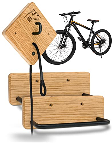 PARAX Fahrradhalter - Wandhalterung für Fahrrad - Indoor Fahrrad Aufbewahrung - für MTB, E-Bike, Damenrad, Rennrad, Gravel Bike - bis 35 kg - aus Holz - Premium