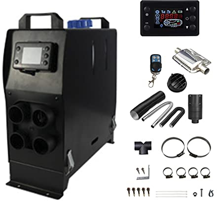 Calefacción de Diesel 12V 5KW Calefacción Estacionaria, Calentador Coche Bajo Consumo con Silenciador LCD y Control Remoto para Furgoneta Automóvil Camiones,Negro,4 Holes