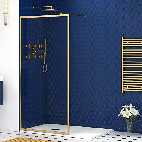 Luxor 1200mm Walk in Wet Room Shower Screen for Enclosure with Brushed Brass Frame 8mm Easy Clean Toughened Safety Glass & Top Support Arm - 1950mm Tall