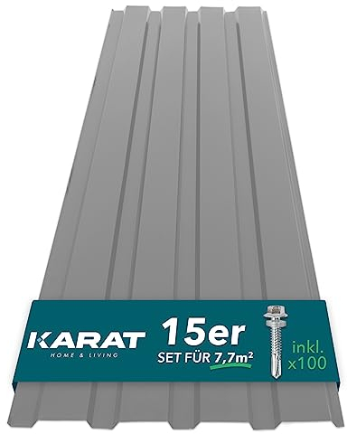 KARAT - 15 Stück Trapezblech 115 x 45 cm - Profilblech SET inkl. Schrauben - 7,7 m² Wandblech Dachblech - Stärke 0,25 mm - Dachplatten Stahlblech Wandverkleidung (Hellgrau)
