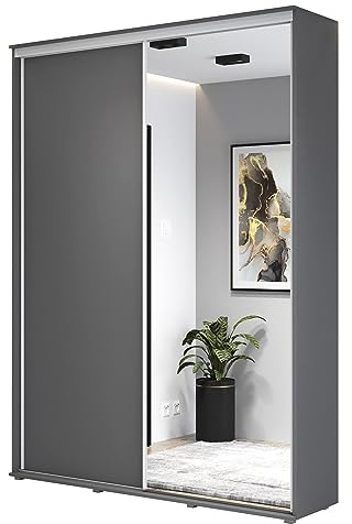 Meble Slupia - Garderobenschrank - Kleiderschrank mit Spiegel und Schiebetüren - 140x242x45 cm - Kleider Schrank Schlafzimmer mit Kleiderstange - ZUZA 01 Anthrazit, Griff