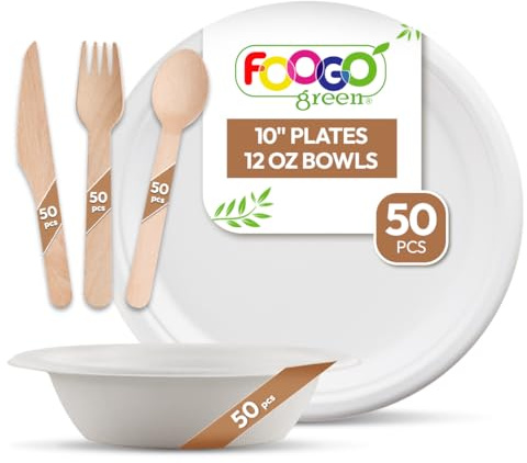 FOOGO Green 250pcs Sugarcane Fibre Paper Plates, Bowls and Cutlery Set | FSC® Certified, 50x Large Round Plates, 50x Bowls, 50x Forks 50x Knives 50x Spoons, Strong Paper Plates
