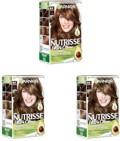 Garnier Nutrisse Dauerhafte Pflege-Haarfarbe mit nährenden Fruchtölen, Coloration mit 8 Wochen Halt, Ultra Crème Tönung, 053 Samtbraun (Packung mit 3)