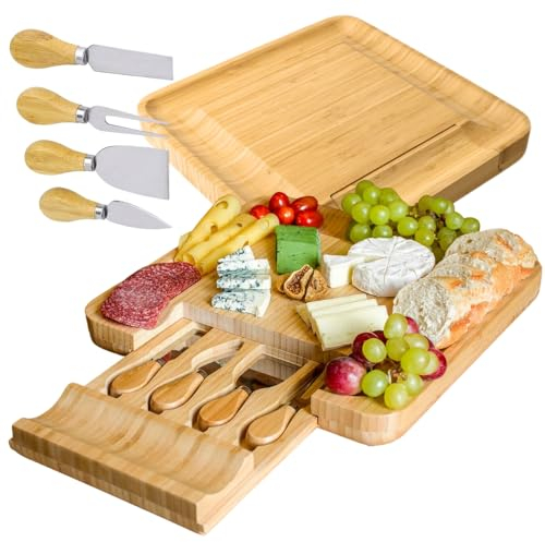 ZOLTA Käsebrett mit Käsemesser Set - Bambus Käseplatte - Servierplatte - Serviertablett für Weincracker - Cheese Board Charcuterie Board 33x33 cm